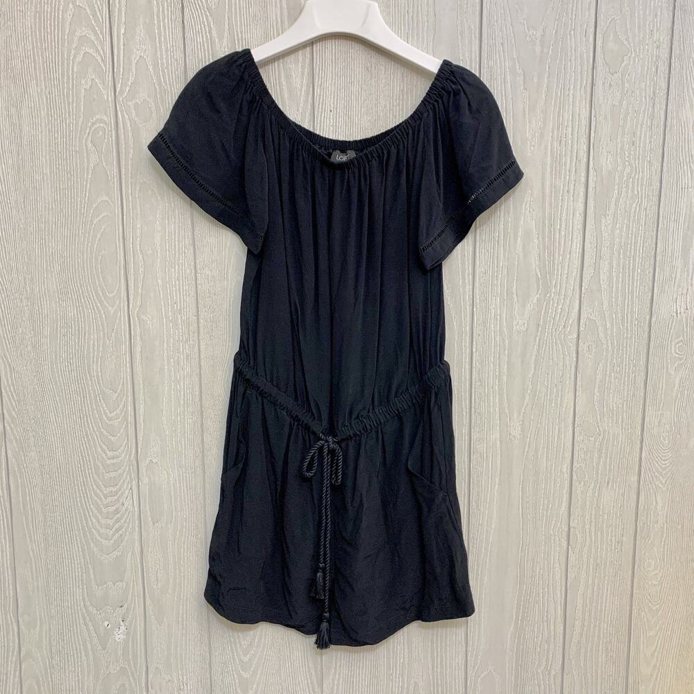 LOFT Black Off Shoulder Short Sleeve Drawstring Waist Romper Small NWT